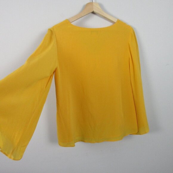 Club Monaco Women Silk Tunic Top V-Neck Pullover Bell Sleeve Casual Yellow S 124 - Picture 5 of 11